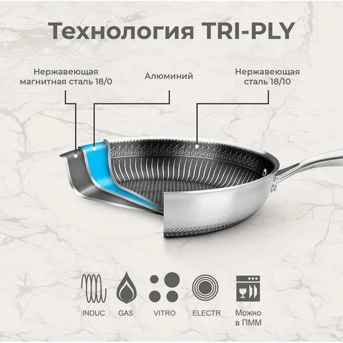 Сковорода Вок (WOK) 30/16,5 см h16/9 см 4,9л с крышкой Honeycombs нерж. с антиприг. покр. ИНДУКЦИЯ